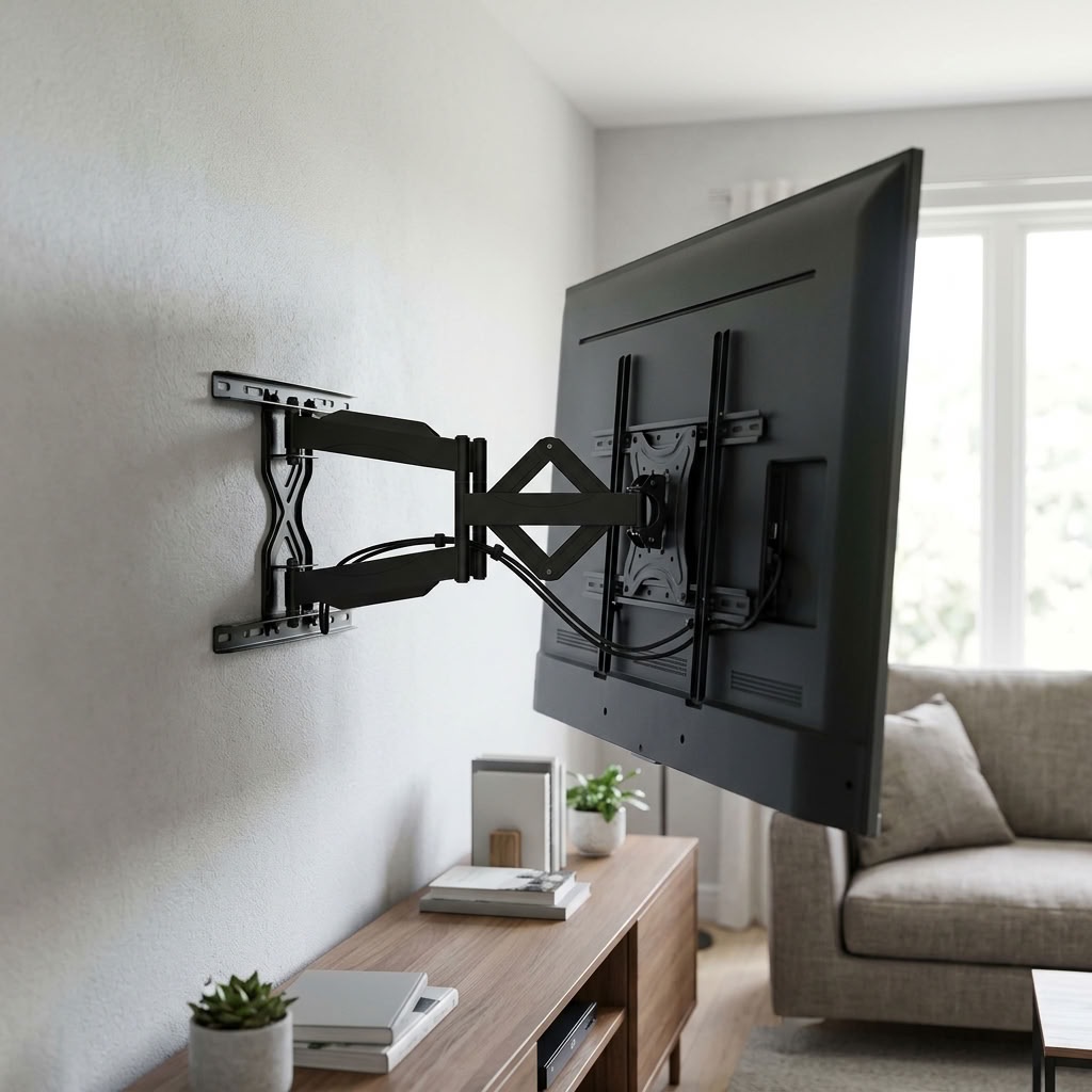 TV instalada com suporte articulado, que permite ajustar o ângulo