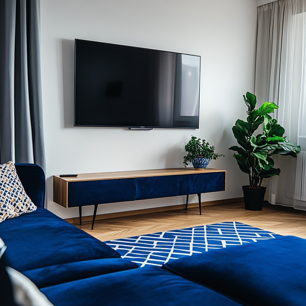 TV instalada rente à parede com suporte fixo, acima de rack