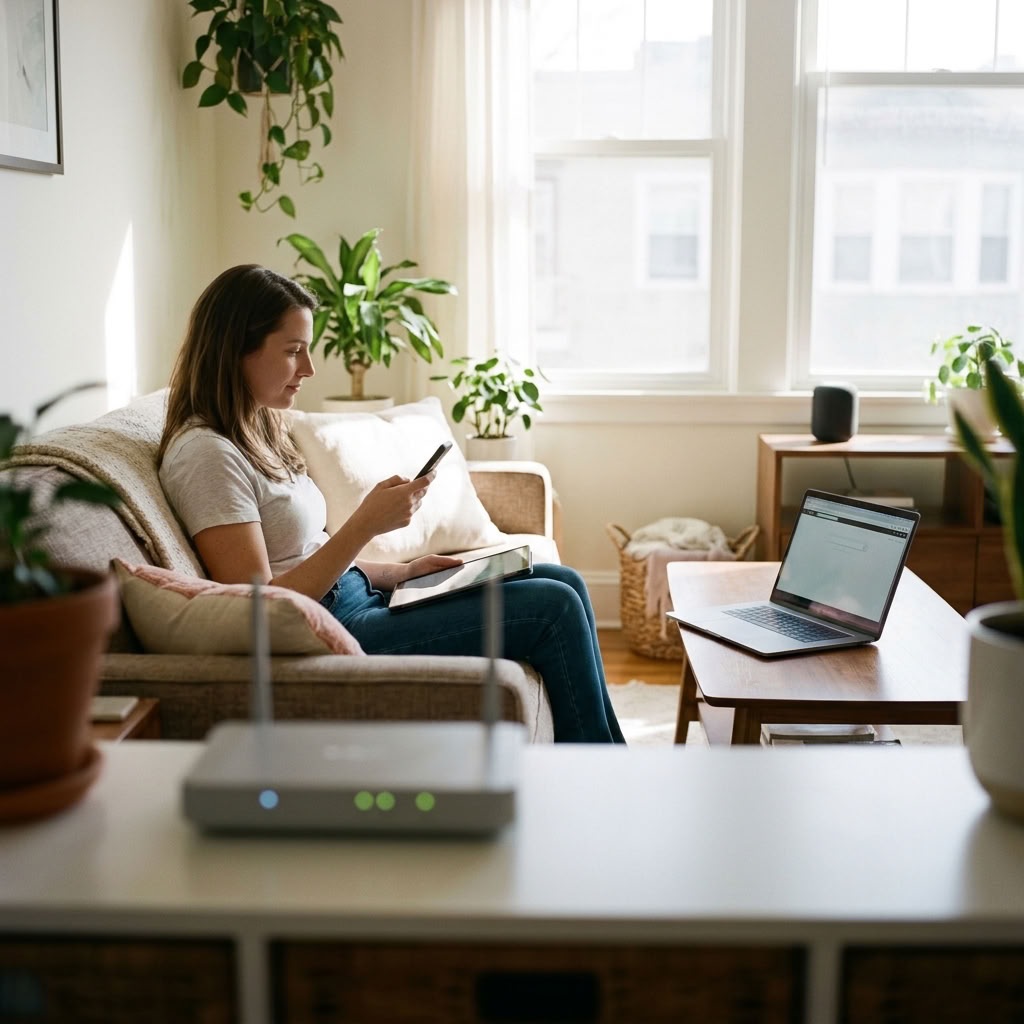 Roteador Wi-Fi na sala, com celular, tablet e notebook conectados